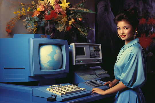 Colorful image of vintage retrowave style computer monitor and keyboard advertising with retro woman model. Concept of retro pop art. Collage style.