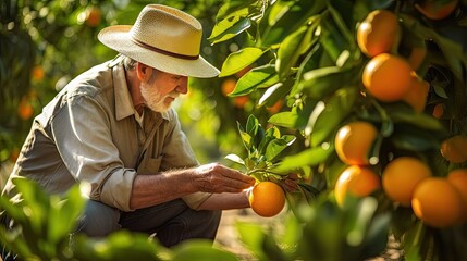 Gardener harvesting the ripe orange fruit at orange trees on organic fruit farm. Generative Ai