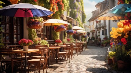 Charming cobblestone street with outdoor dining options - obrazy, fototapety, plakaty
