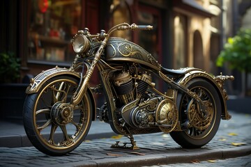Steampunk Hightech Motorrad Dreambike in Gold und Blau - obrazy, fototapety, plakaty