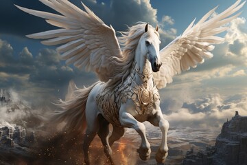 Obraz na płótnie Canvas Majestic Pegasus horse flying high above the clouds. Мythological creature. Fantasy style illustration