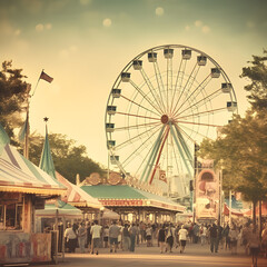 The State Fair with a large Ferris wheel, stores, and a crowd of people walking inside. A great depiction of fun summer activities and state fair parks, generative ai.