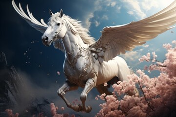 Majestic Pegasus horse flying high above the clouds. Мythological creature. Fantasy style illustration