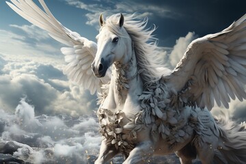 Majestic Pegasus horse flying high above the clouds. Мythological creature. Fantasy style illustration