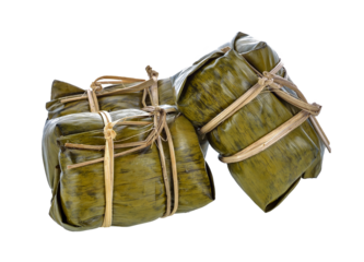 Thai traditional sticky rice dessert in banana leaf packaging.transparent png