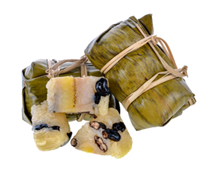 Thai traditional sticky rice dessert in banana leaf packaging. transparent png