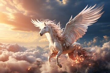 Majestic Pegasus horse flying high above the clouds. Мythological creature. Fantasy style illustration