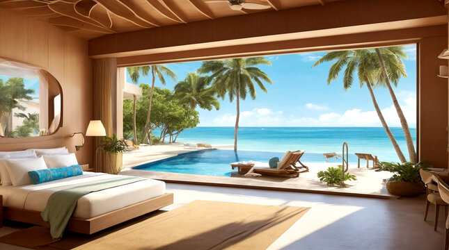 resort room see the beach in window with summing pool and swing