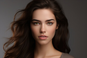 Pretty woman with brown hair, flawless skin. Beauty, health, and skincare concept in studio portrait.