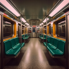 The interior of a Subway train car, shows several green color seats, lights, and doors. A good depiction of a Subway train you would find in a big city, generative ai.