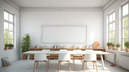 A classroom or presentation room and white chairs, Teaching lesson class or conference room.