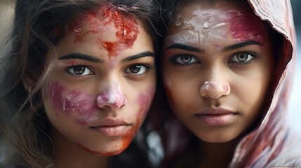 Obraz premium Portrait of Indian woman celebrating Holi with powder colours or gulal, Holi festival of Colours.