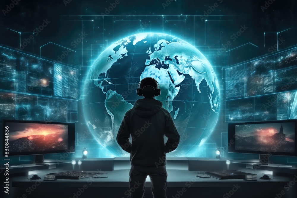 Aufkleber rear view of system administrator standing and in front of screens, metaverse concept.