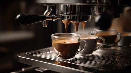 Espresso coffee pouring from espresso machine, Barista details in cafe.