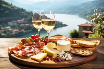  Italian appetizer prosciutto antipasti and and wine on a wooden terrace overlooking mountain lake.  © colnihko