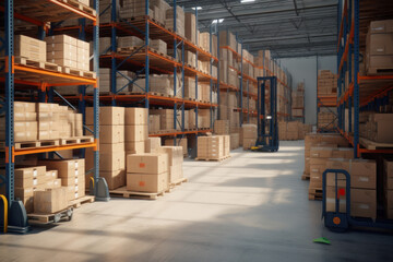 Retail warehouse with shelves full of goods in cardboard boxes. Workers scan, sort packages, and move inventory with pallet trucks and forklifts. A center for product distribution and delivery.