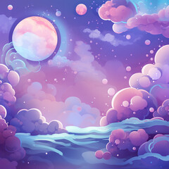 a cartoon sky with clouds and planets