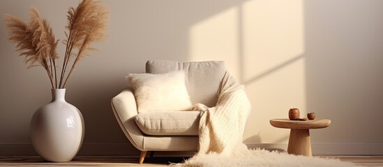 A cozy living room with a white boucle armchair, a design pouf, a lamp, a vase with dried flowers, a gold lamp, and personal accessories. The home decor is boho-inspired with a template and copy