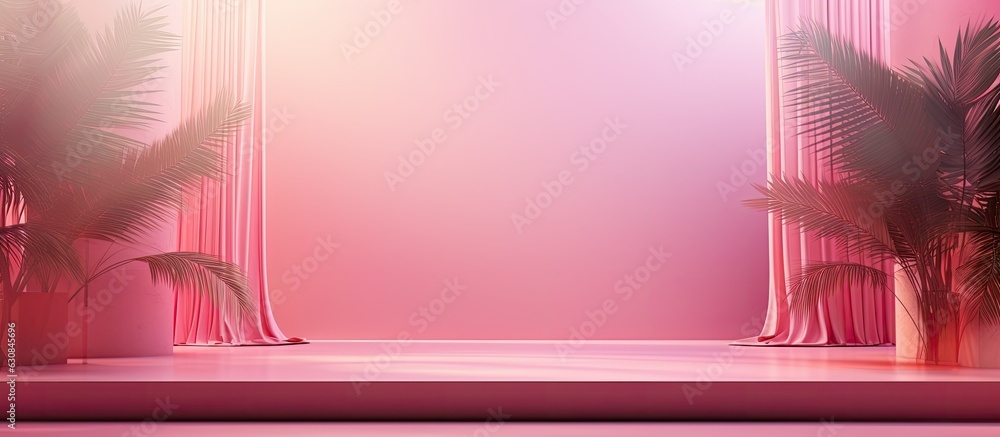 Aufkleber A studio background in abstract pink color gradient is used for product presentation. The room is empty with shadows of windows, flowers, and palm leaves. It is a 3D room with copy space. The backdrop