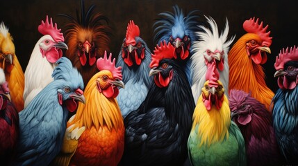 Vibrant group of roosters posing together on a farm - obrazy, fototapety, plakaty