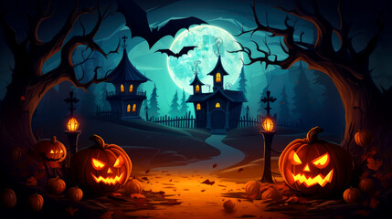 Fototapeta premium Happy Helloween, big creepy pumpkins celebrate Halloween night on a dark street