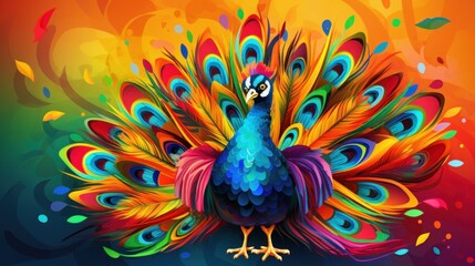 Vibrant peacock painting on a colorful farm background - obrazy, fototapety, plakaty