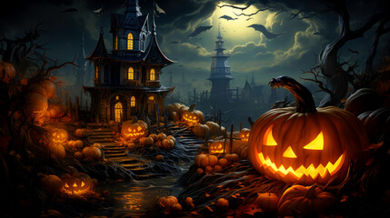 Happy Helloween, big creepy pumpkins celebrate Halloween night on a dark street