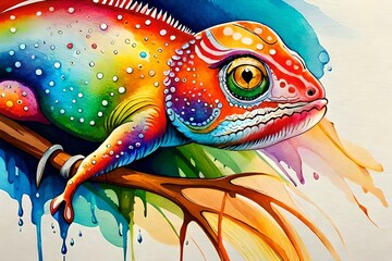 chameleon on a branch of a tree, water color splash art 