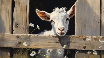 Charming goat peering through a rustic wooden fence on a farm
