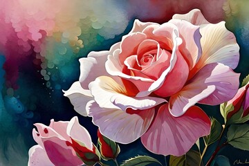 Water color splash art image of rose flower with multicolor background