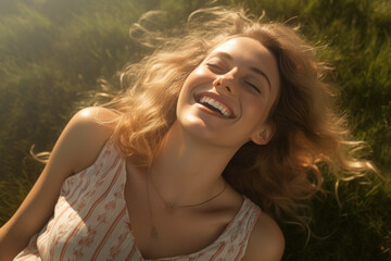 Woman laughs, relaxed on grass.