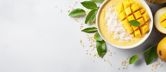 Tropical Mango and Coconut Smoothie Bowl with a light background and copy space.