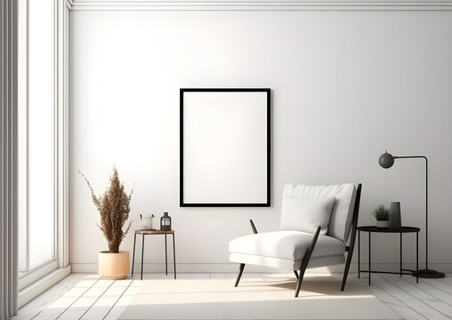 Blank picture frame on white wall with chair