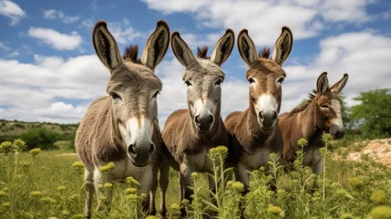 Tuinposter Group of donkeys standing in a peaceful farm field © KerXing