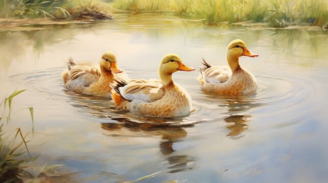 Three ducks swimming in a peaceful farm pond