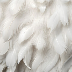 Closeup of fluffy white feathers. Possible chicken, duck, or other white bird feather animal. Also represents forms of interior design and fashion, generative ai.