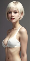 portrait of a girl wearing white bra, short and c, slim navel