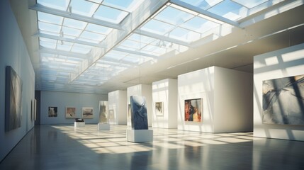 Contemporary art gallery featuring a skylight that fills the space with natural light. - obrazy, fototapety, plakaty