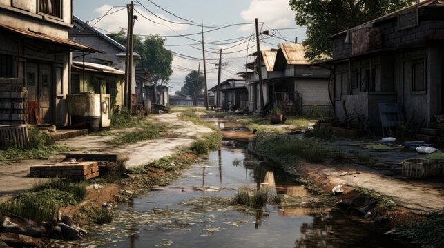 Residential neighborhood facing challenges with substandard infrastructure, impacting the quality of living.
