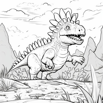 a dinosaur running through the jungle coloring page
