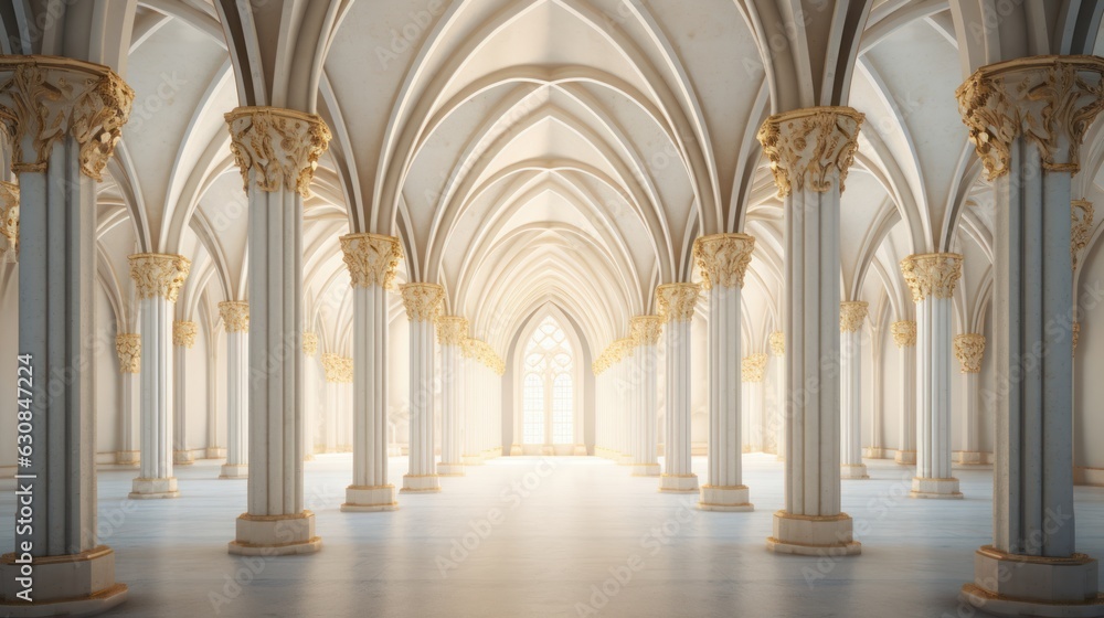 Poster symmetrical golden pillars and arches adding grandeur to the architecture.