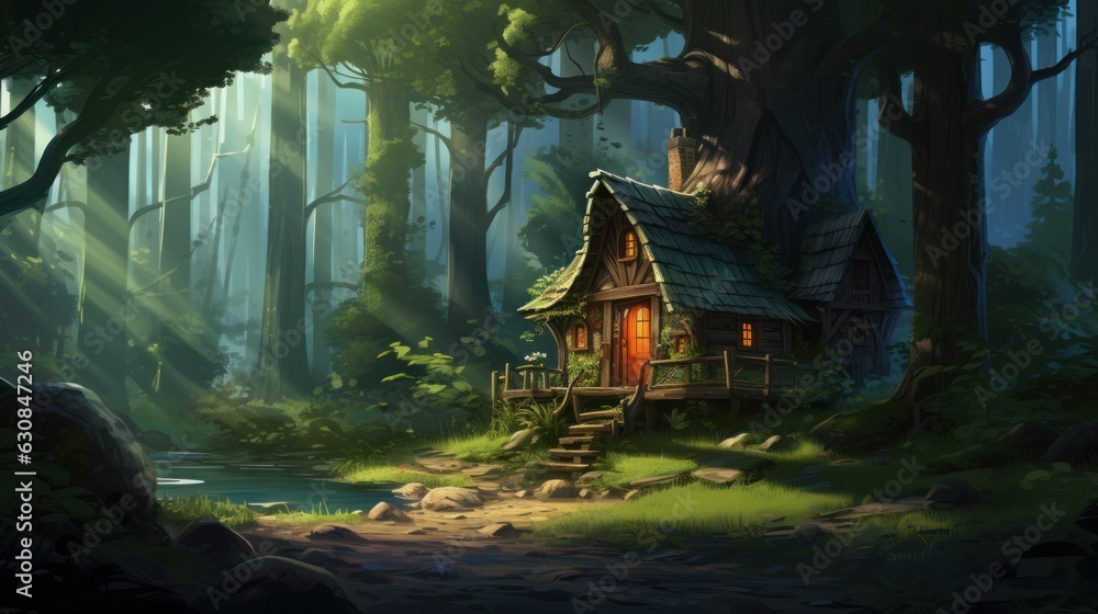 Poster tiny house surrounded by lush trees, creating a harmonious and natural environment.