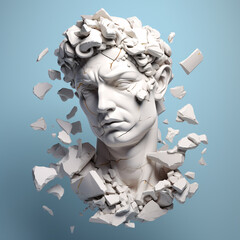 Head of David's statue, sculpture bust, 3d rendering style on pastel background. Broken and shattered in large pieces and tiny fragments..