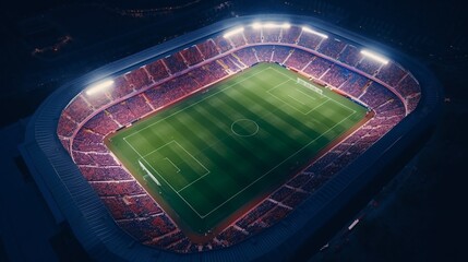 Aerial Shot of a Whole Stadium with Soccer Championship Match. Teams Play, Crowd of Fans Cheer. Football Tournament, Cup Broadcast.