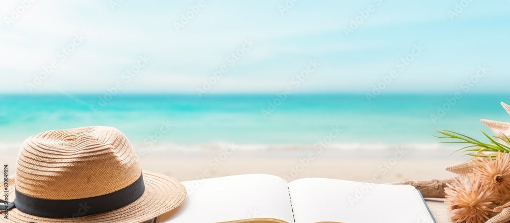 Poster a writing book with summer beach accessories on the background, providing copy space. the arrangemen