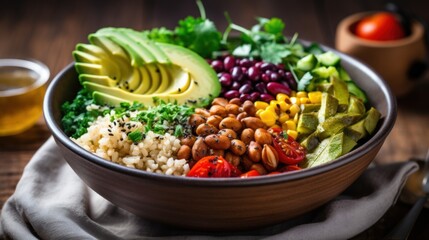 Colorful and nutritious bowl filled with a variety of ingredients including rice, beans, avocado, and tomatoes