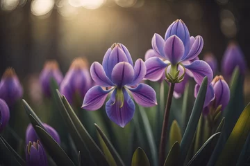Fotobehang Beautiful spring crocus flowers in the garden. Floral background. ai generative © mrisrayilli
