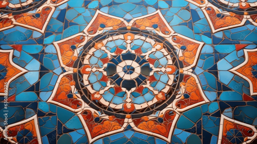 Poster close-up view of the intricate mosaic tile pattern on a historic building.