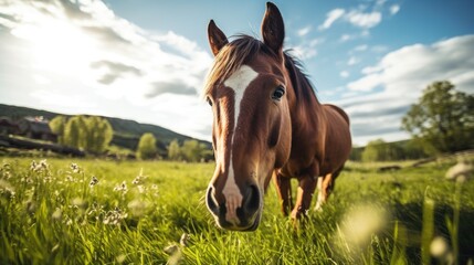 Majestic brown horse standing proudly on a vibrant green field at a farm