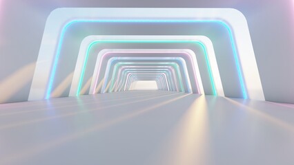 Futuristic interior background tunnel glowing colorful neon 3d render